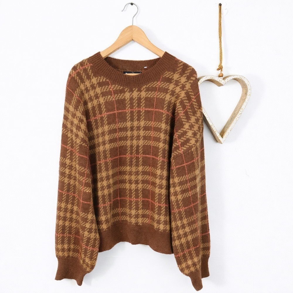 Retro Cottage Grandpa Crewneck Ribbed Plaid Knit Sweater Plus Sz 2X Chestnut